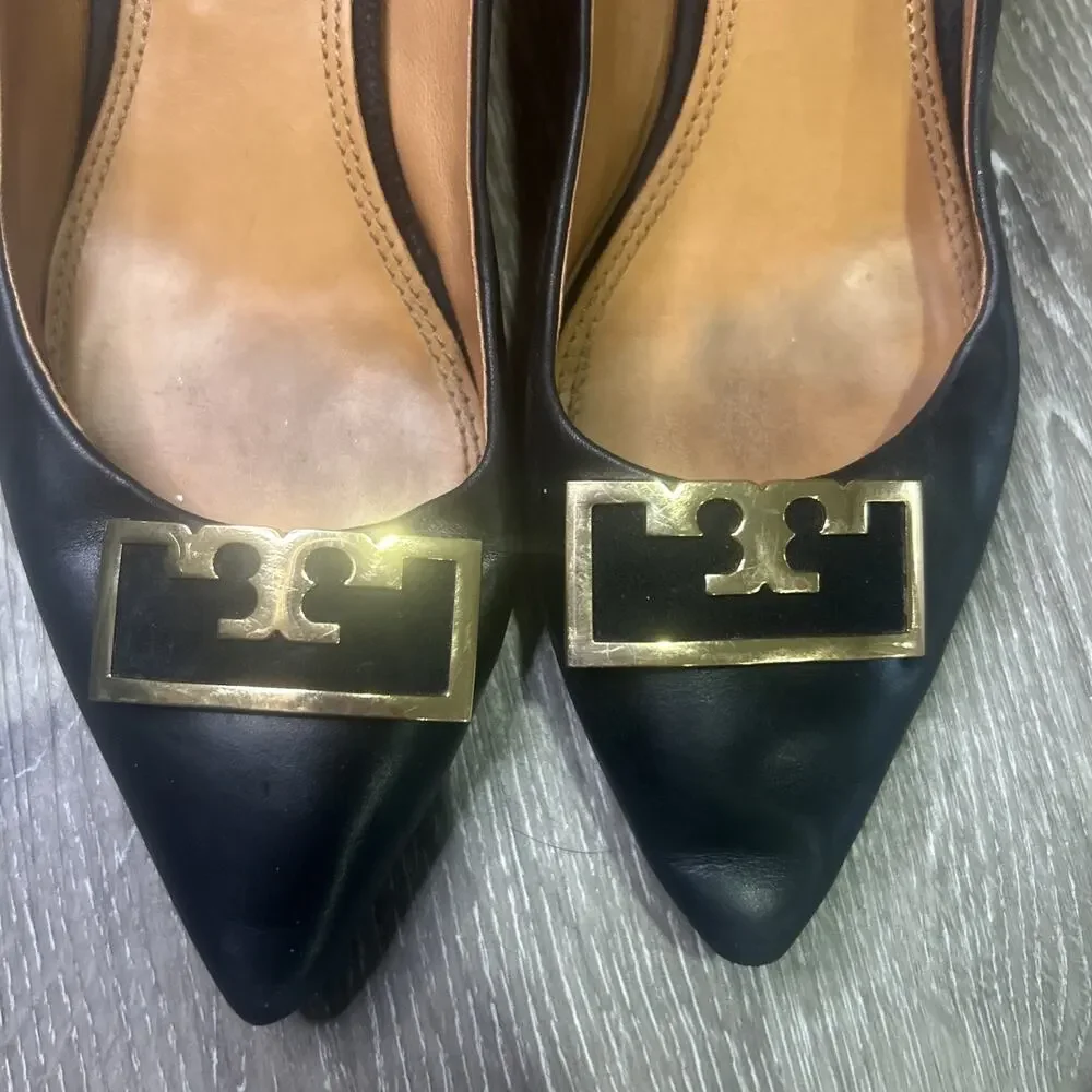 Tory Burch Gigi Black Pointed Toe Heels with Gold Logo 8